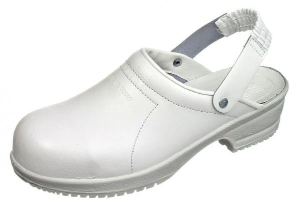 The image shows a white clog shoe. It has a wide, rounded front edge, is closed, and features a heel strap. The sole is slightly textured for better grip.