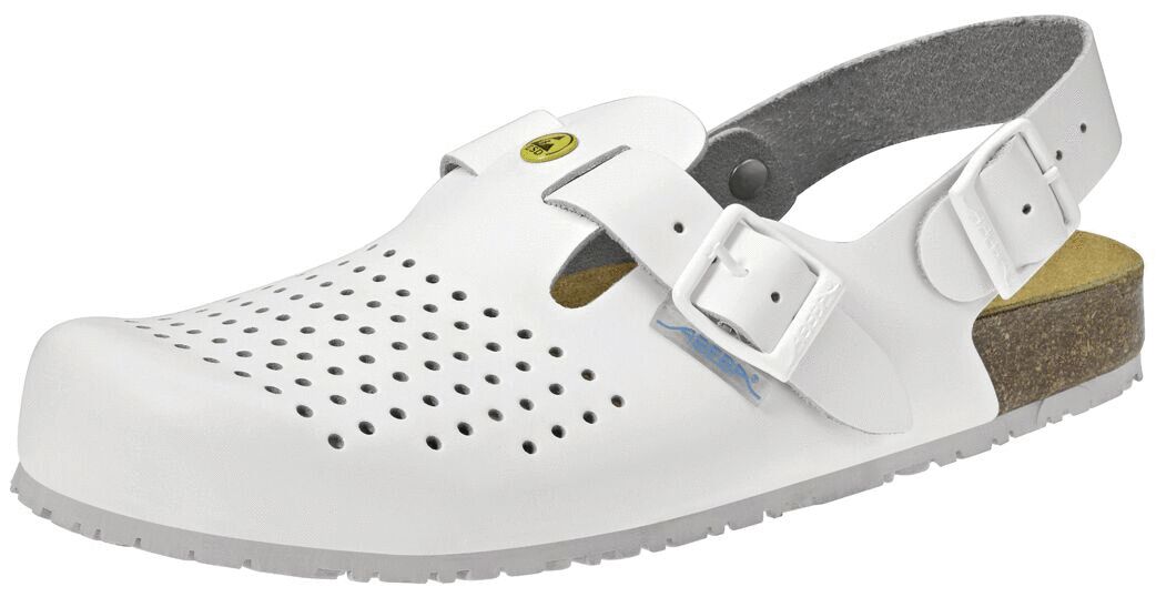 The shoe is a white slipper with open sides and holes for ventilation. It has two adjustable straps and a bright, non-slip sole. The shape is comfortable and practical.