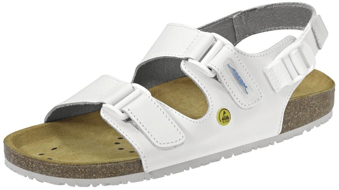 The image shows a white sandal with wide straps and a comfortable footbed. It features adjustable Velcro fasteners and a bright, profiled sole for good grip.