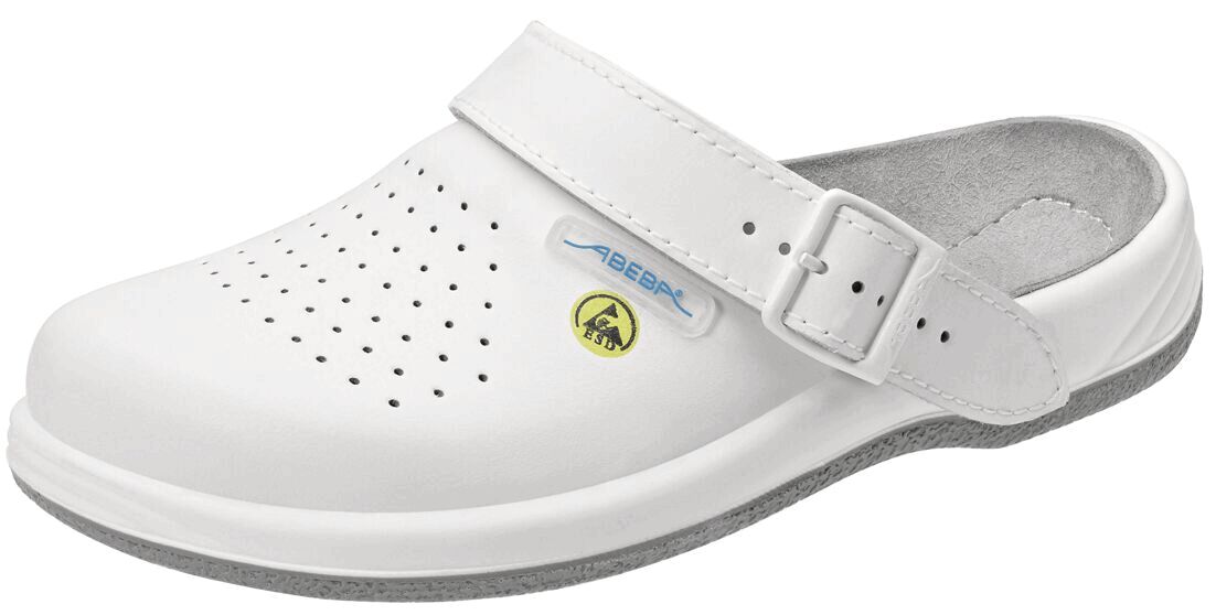 This is a white clog shoe with a wide, adjustable strap over the instep. The sole is gray and the shoe has small holes on the top for ventilation.