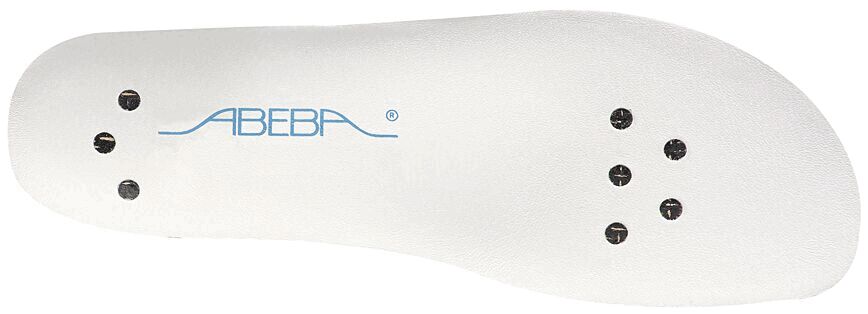 The image shows a white shoe sole with the inscription "ABEBA" in blue lettering. On the underside, there are five black dots distributed that could serve for attachment.