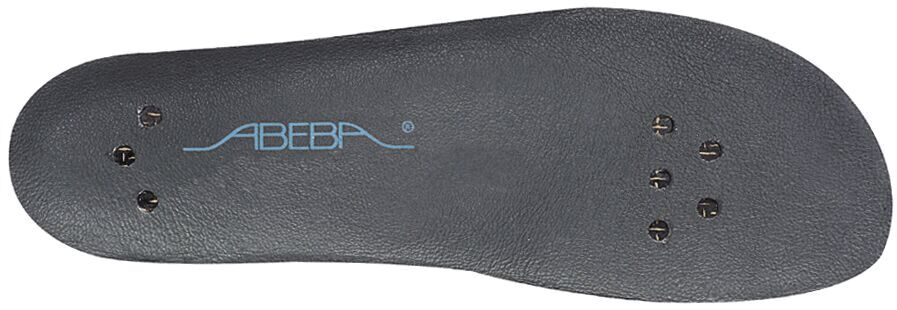 The image displays a black-colored shoe sole with a smooth, matte finish. In the center, the word "ABEBA" appears in blue lettering. Six small screws are visible.