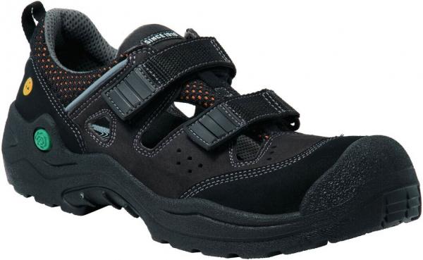 The shoe is a sporty, black half-shoe with two wide, adjustable straps. It has a sturdy sole and a breathable upper with small holes for ventilation.