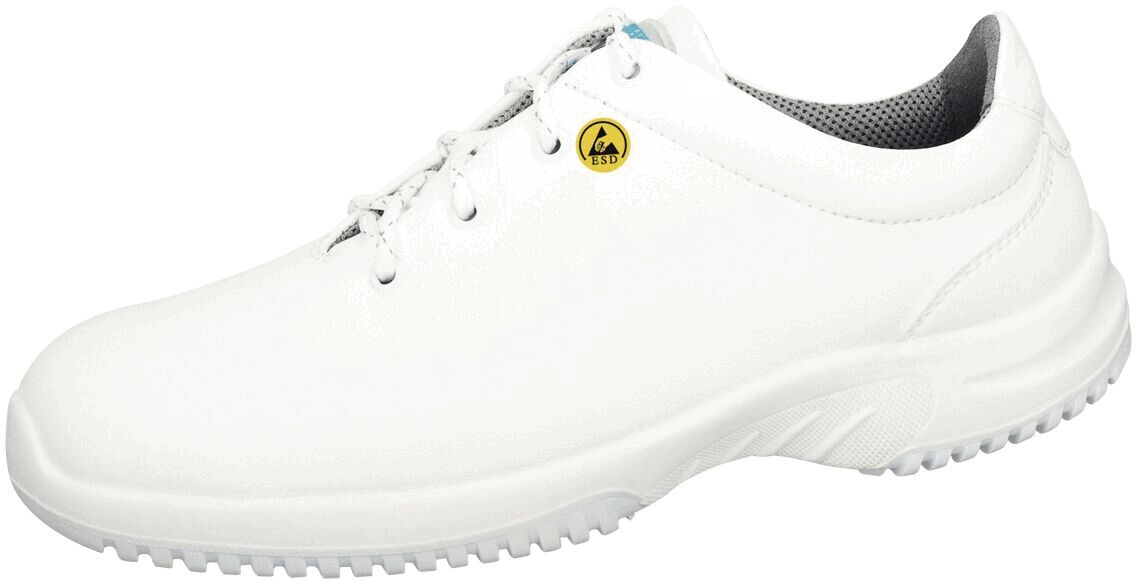 The shoe is a white, sporty sneaker with a smooth surface. It has a non-slip rubber sole and laces. The inside is gray with a breathable material.