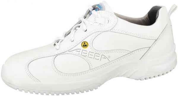 The shoe is a white athletic shoe with a smooth surface. It has laces, a soft insole, and a textured, non-slip outsole for good grip.