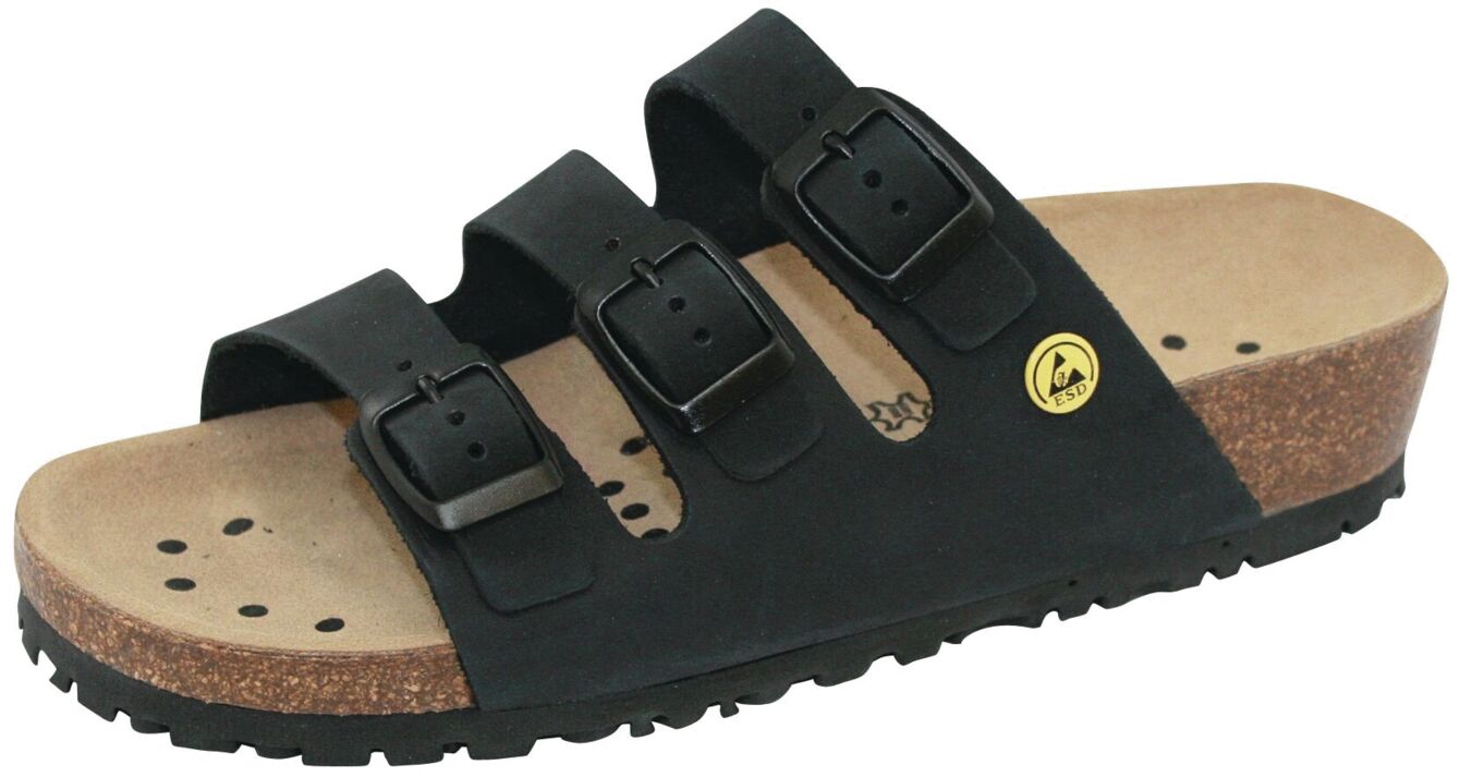 The shoe is a black, open sandal with three straps secured by buckles. The sole is brown and features a slight curve as well as small holes for ventilation.