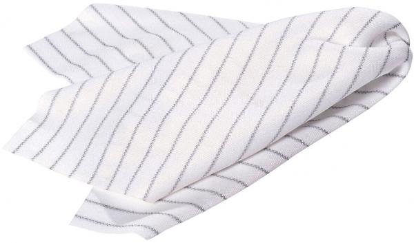 The image shows a folded, white cloth with narrow, continuous grey stripes. It is soft and often used in the kitchen or for drying.