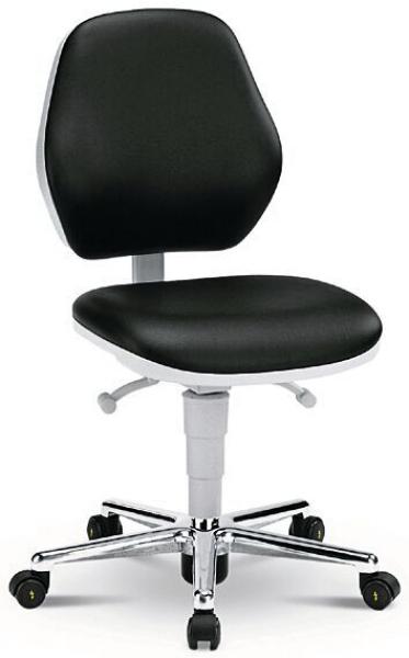 The chair has a black, padded seat and backrest with a white border. It stands on a silver base with five casters, which is continuously height-adjustable.