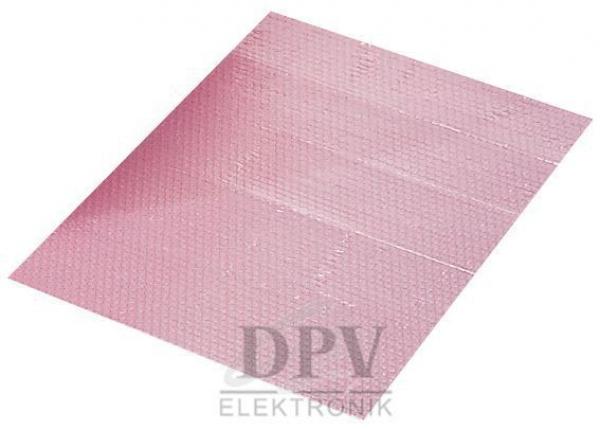 The image depicts a rectangular, slightly wavy sheet of shiny, pink material with a textured surface that resembles small elevations.