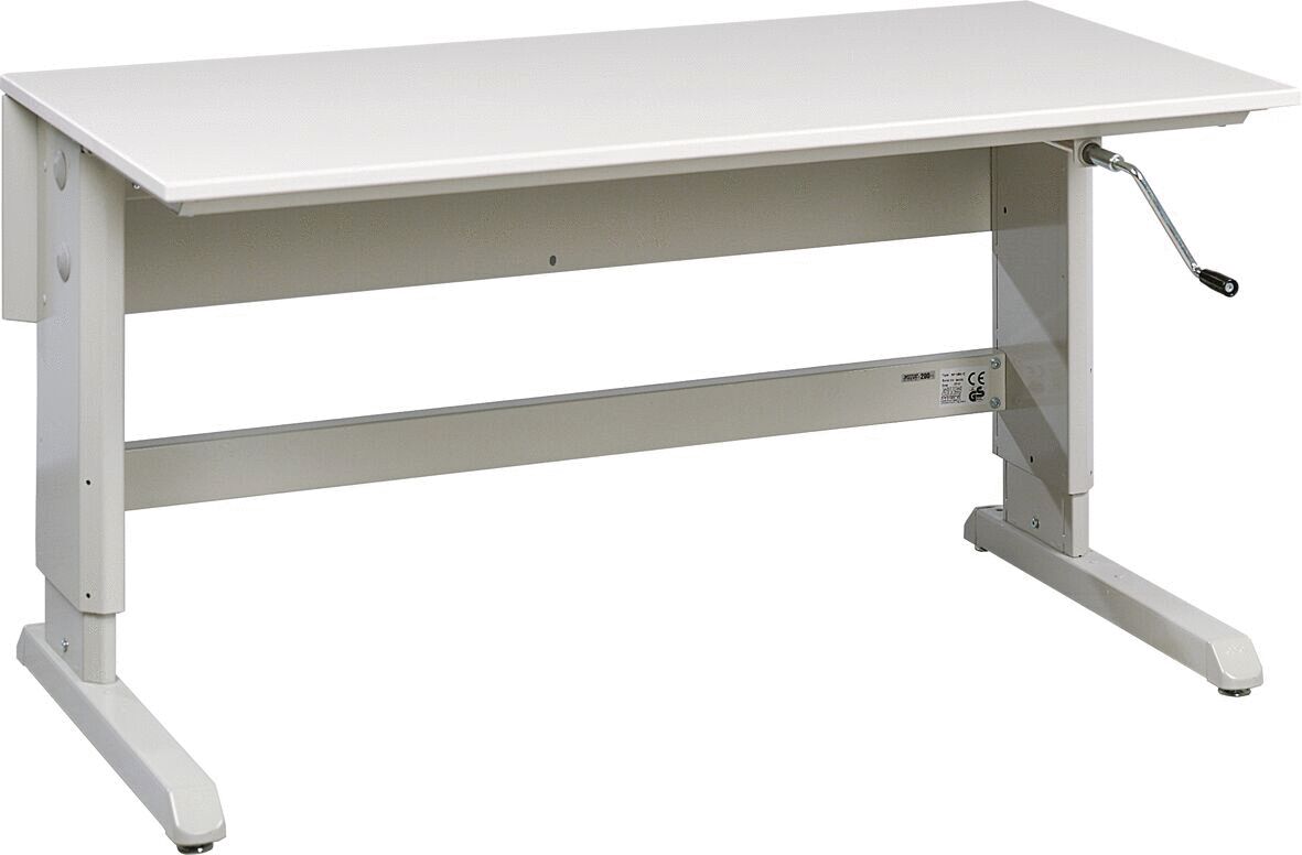 The table has a rectangular, white surface and a gray, sturdy metal frame. On the side, there is a hand crank for height adjustment.