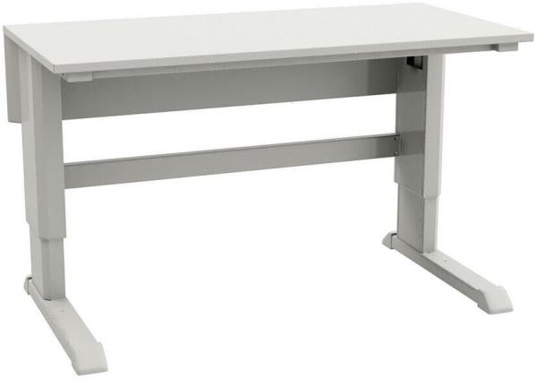 The image displays a modern, simple desk. It features a rectangular, smooth white tabletop and two sturdy, gray H legs that provide stability.