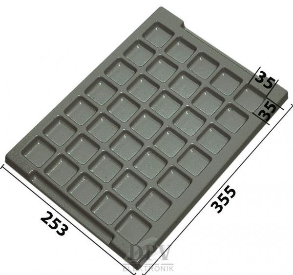 The image shows a rectangular, gray plastic mold with 28 small square indentations. It has an elongated side and measures 355 mm x 253 mm.