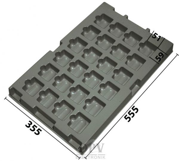 The image shows a gray plastic plate with several indentations where small objects can be placed. The plate measures 355 mm x 555 mm and is 51 mm high.