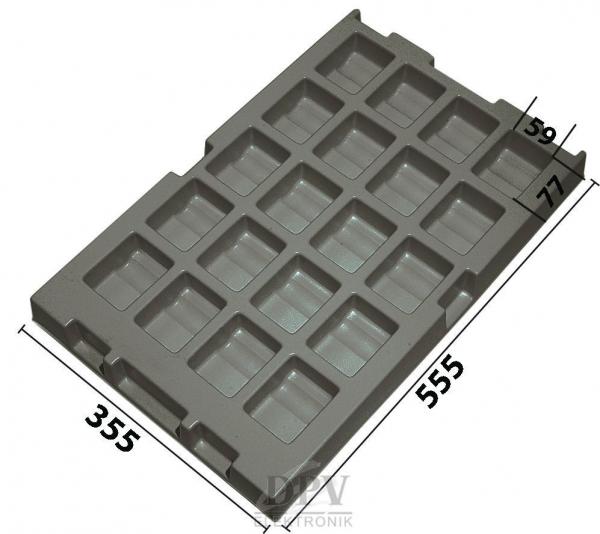 The image displays a gray plastic mold with 15 rectangular indentations. It measures 555 mm in width and 355 mm in height, with a depth of 77 mm.