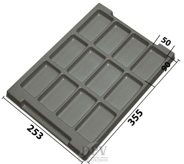 The image displays a rectangular tray with ten rectangular compartments. The tray is gray and has a smooth surface. Dimensions: 355 mm long, 253 mm wide, 50 mm high.