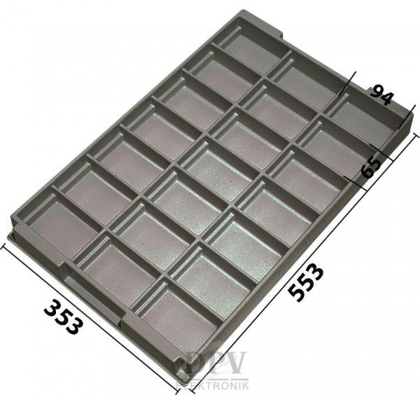 The image displays a rectangular shape with 16 compartments in two rows. It is made of gray material and measures 553 mm in length, 353 mm in width, and 65 mm in height.