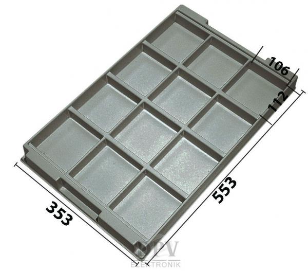 The image shows a rectangular, gray plastic tray with twelve compartments. The compartments are evenly arranged and are used for sorting or storing small items.