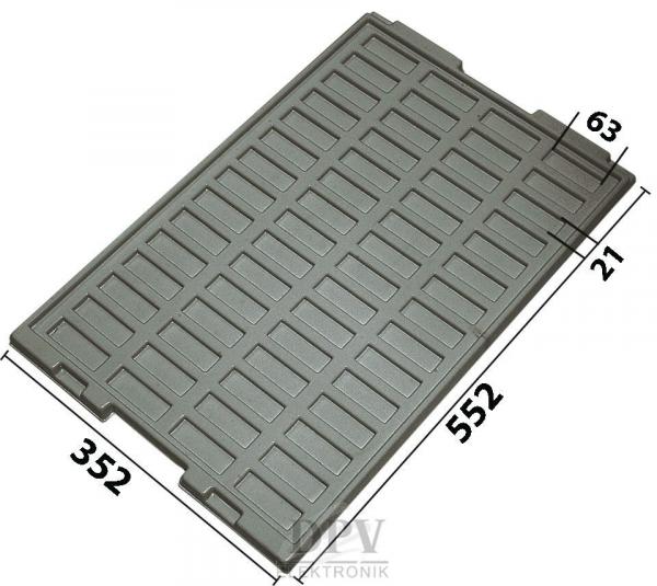 The image shows a gray plastic plate with a rectangular shape. It has many small, recessed rectangles on the surface and measures 552 mm in length and 352 mm in width.