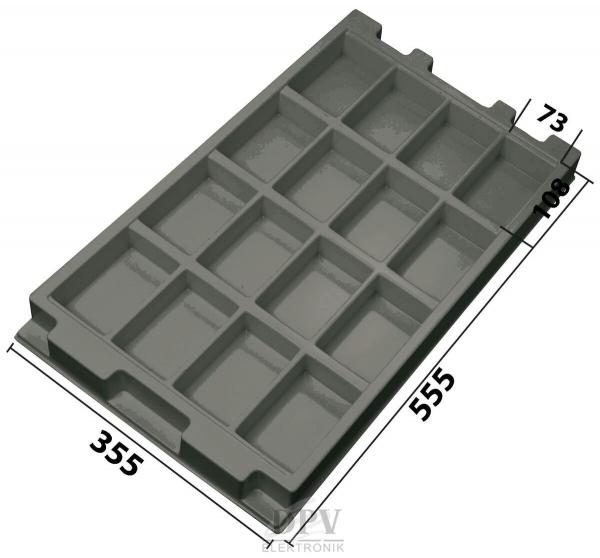 The image displays a rectangular, gray tray with 12 compartments. It features rounded corners, two handles on the sides, and measures 555 mm in width and 355 mm in depth.