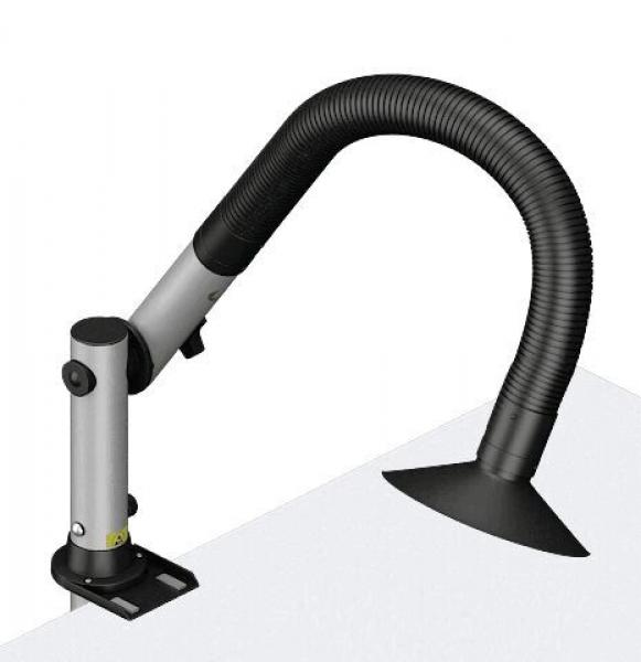 The image shows a flexible vacuum cleaner arm. It has a metallic body that transitions into a long, black hose. The hose ends in a wide, open nozzle.