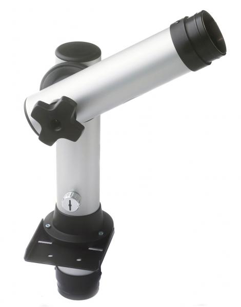 The image displays a metallic telescope tube mounted at an angle on a holder. It features a shiny silver surface, a black lens rim, and an adjustable mount.