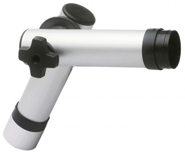 The image shows a silver, metallic part with two tubes connected at an angle. It has black rubber grips and a black adjustment knob in the center.