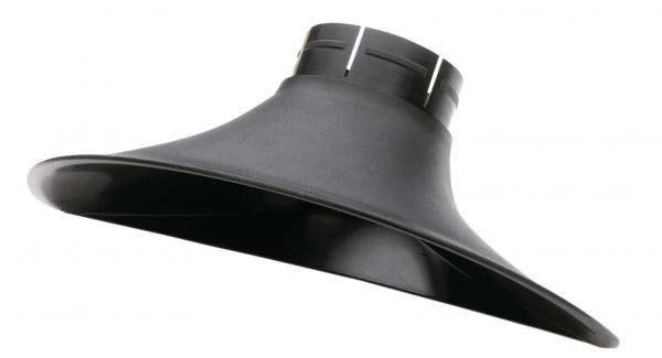 The image shows a black light modifier shaped like a funnel. It has a wide, flat rim and a narrower opening at the top, with an attachment option.