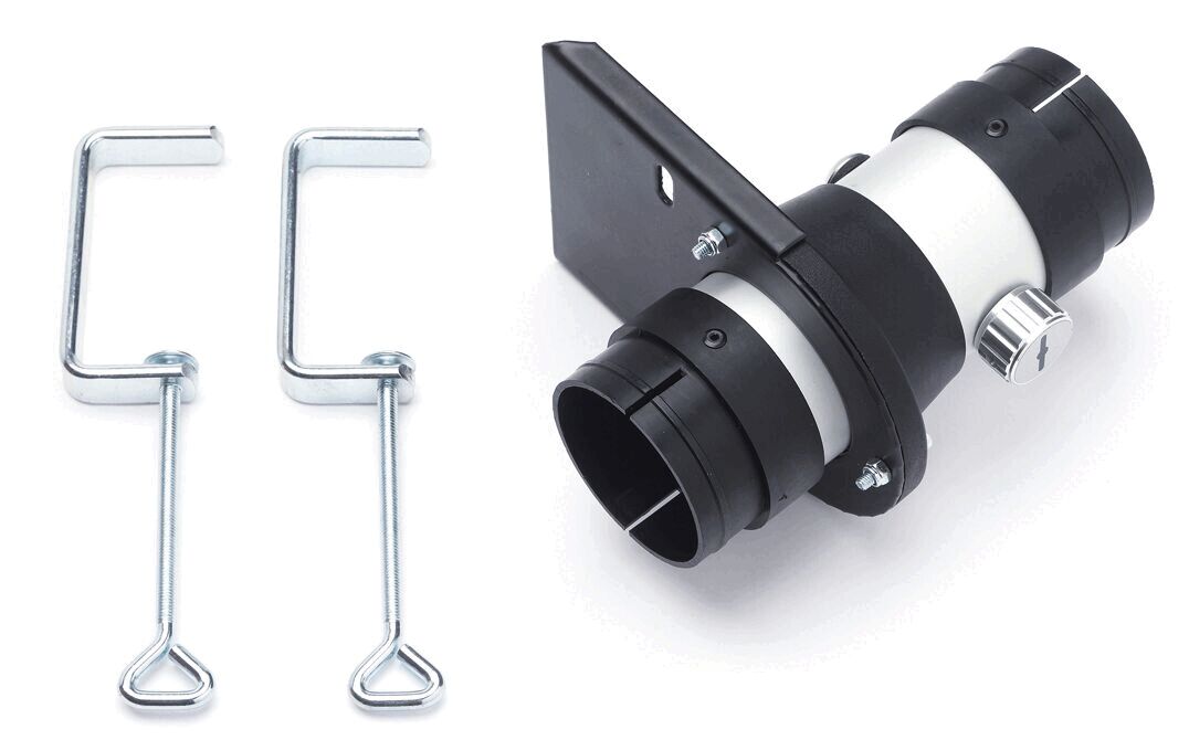 The image displays a telescope accessory: a black and white sight with a circular end, alongside two metallic C-shaped brackets. All parts provide stability.