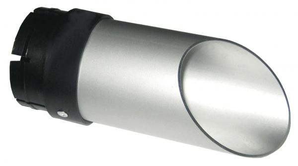 The image shows a round, silver exhaust pipe with a black bracket. It has a smooth surface and a slightly tapered opening on one side.