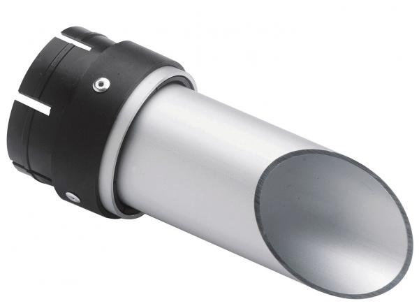 The image shows a silver, cylindrical object with a wide, open end and a black, round connector at one end. It appears metallic and smooth.