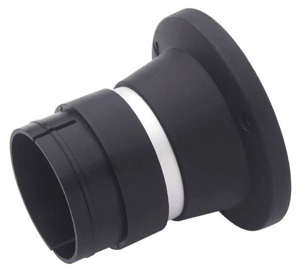 The image shows a black component with a round base and a conical body. In the middle, there is a white ring. It appears to be a part possibly intended for pipe or hose connections.