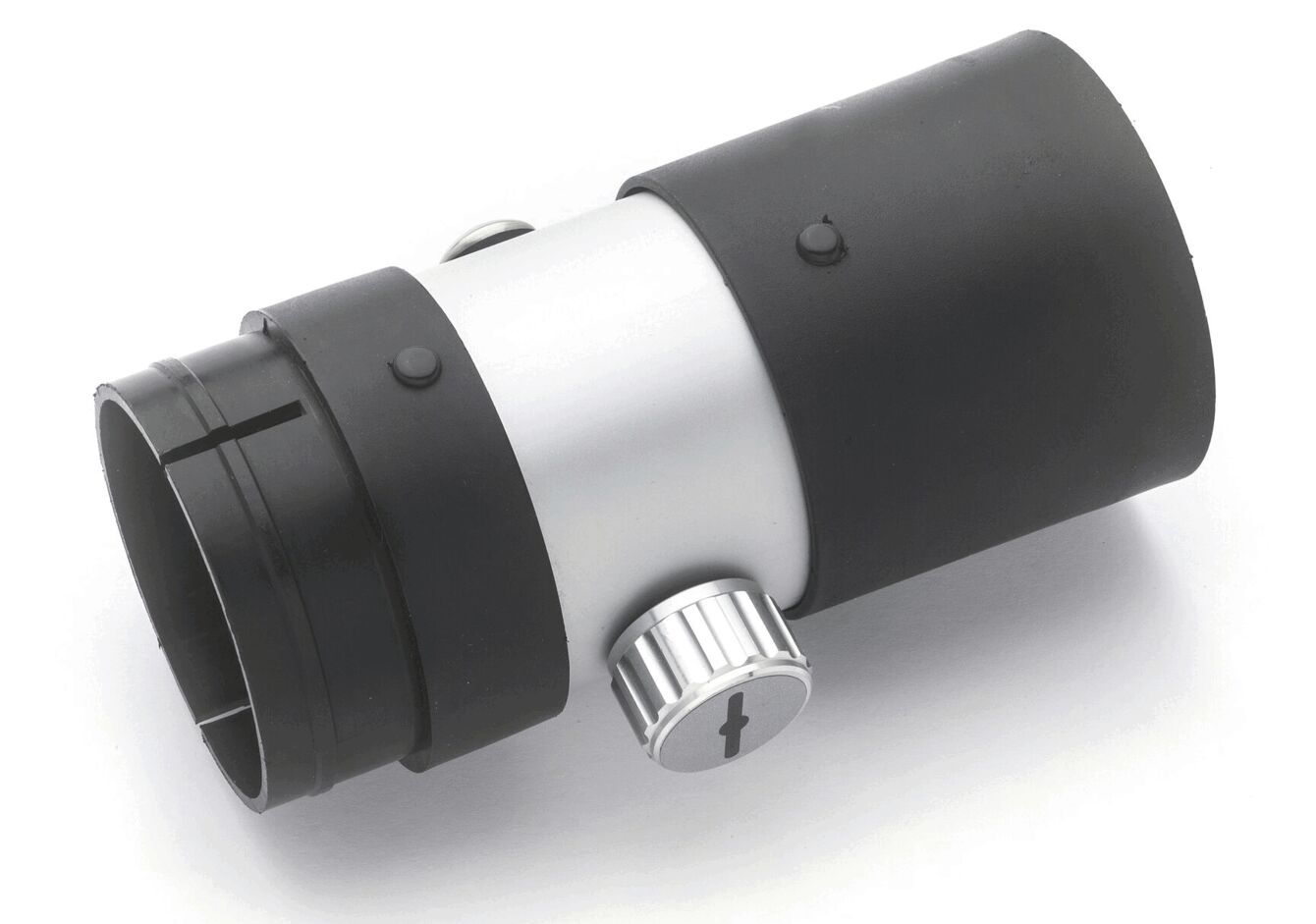 The image shows an accessory optical part, usually black and silver in color. It has a cylindrical shape with a coarser, rubberized grip and a chrome-plated adjustment knob.