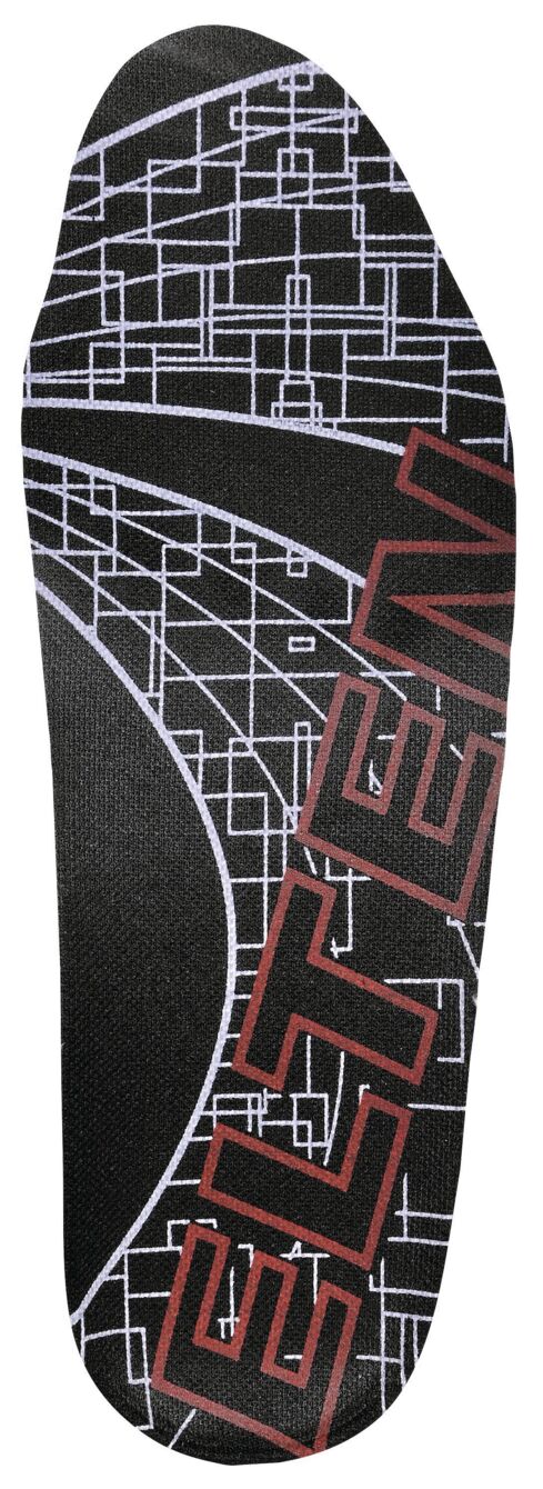 The image shows a black insole with a geometric, gray pattern. On the insole, the name "ELTEN" is written in red letters. The insole has a contoured shape.