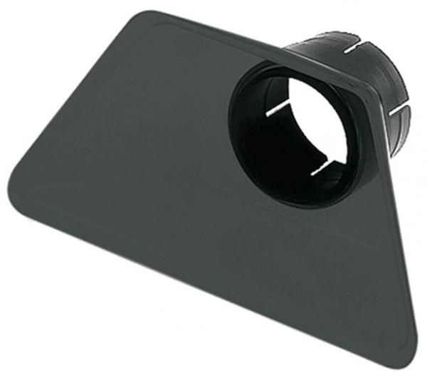 The image shows a triangular, black object with a round opening in the middle. It has a smooth surface and a slightly curved shape that resembles a funnel.