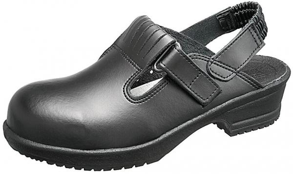 The image shows a black leather clog sandal shoe. It has an open heel and a wide strap with Velcro. The sole is sturdy and slightly textured.