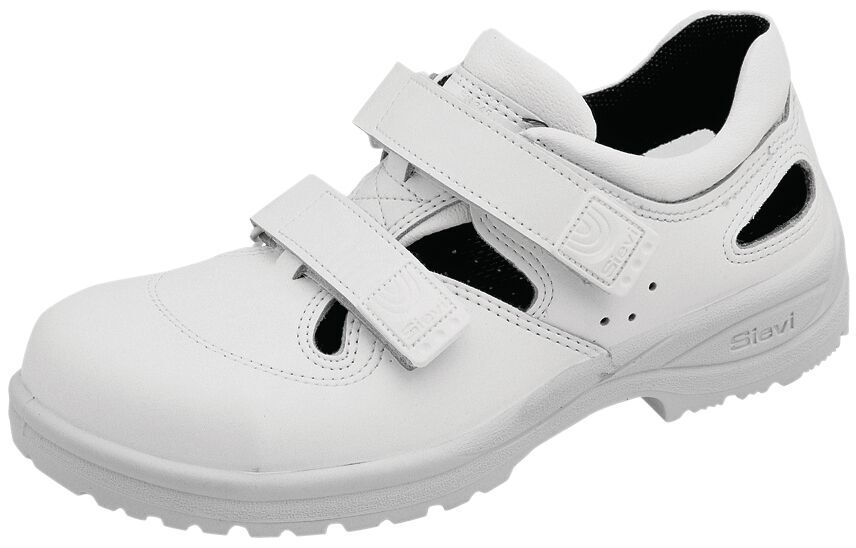 The shoe is white and has two practical Velcro fasteners. It has a sporty shape with small ventilation slits on the side and a non-slip sole.