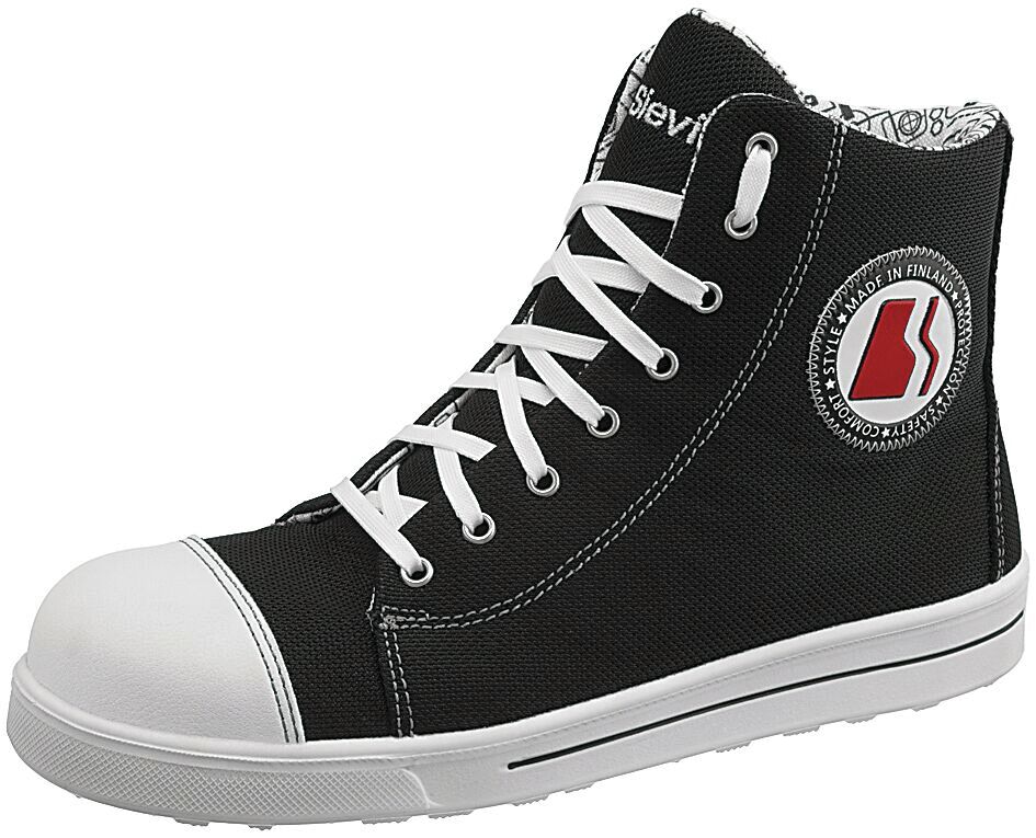 The shoe is a black, high-top fabric sneaker. It has white laces and a rubberized, round toe cap. On the side is a red logo with a white circle.