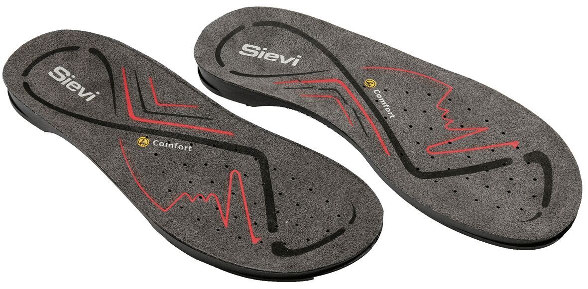 The image shows two gray insoles with a textured, perforated design. Red lines run across the soles, which bear the brand name "Sievi." They are ergonomically designed.