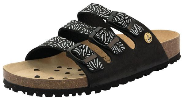 The sandal is black with three wide straps that display a white, plant-like pattern. The sole is light brown and has small holes for ventilation.