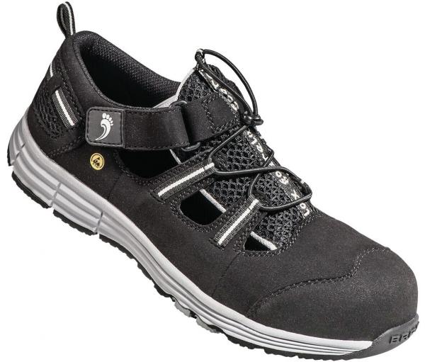 The shoe is sporty, black with a mesh material. It has elastic laces and a practical Velcro strap. The sole is non-slip and has breathable properties.