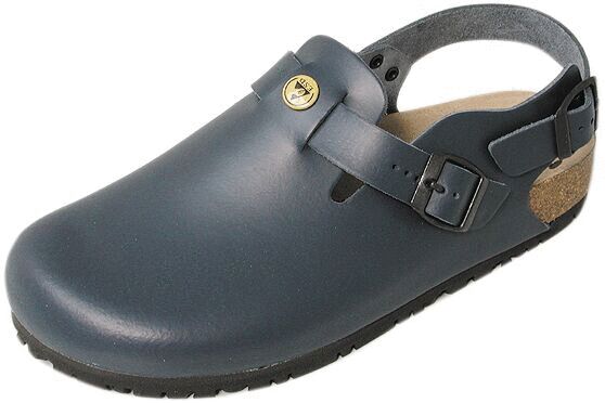 The image shows a gray clog made of lightweight material. It has a comfortable shape, a closed front, and an adjustable strap at the heel. The sole is slip-resistant.