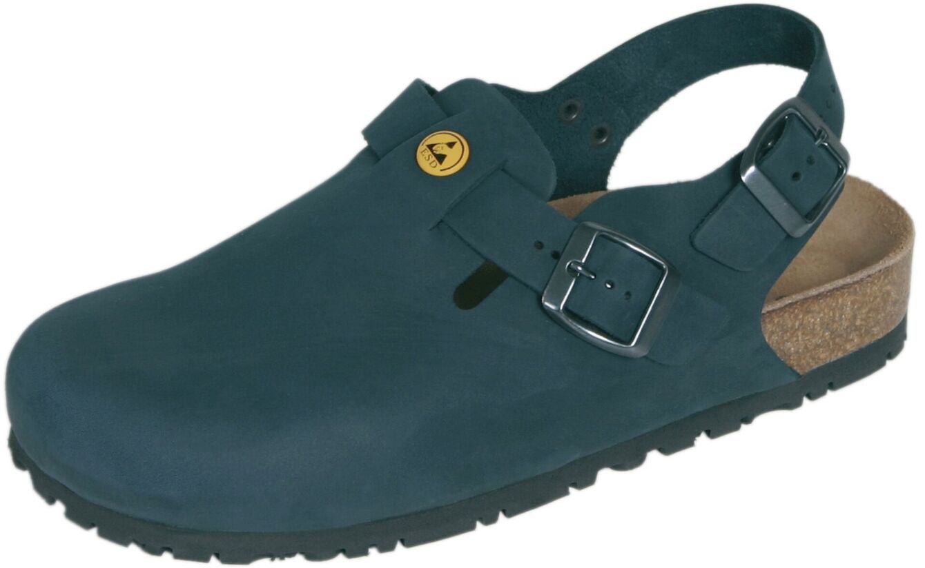 Der Schuh ist ein Clog in dunklem Blau-Grün mit einem offenen Fersenbereich. Er hat einen weichen, gepolsterten Innenraum und eine Schnalle an der Seite für besseren Halt. Die Sohle ist rutschfest.