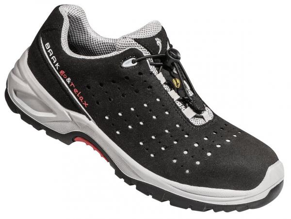 The shoe is black with gray and white accents. It features a breathable upper with many small holes and a flexible, grippy sole. Quick lacing system at the front.