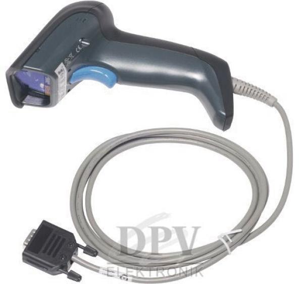 The image shows a black hand scanner with blue accents. It has a long cable connection that leads to a rectangular plug. Ideal for scanning barcodes.