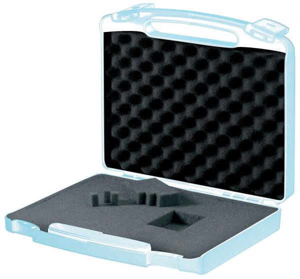 The image shows an open, transparent blue box. The interior is lined with black foam that has a die-cut structure. There are several foam shapes for the safe storage of items.